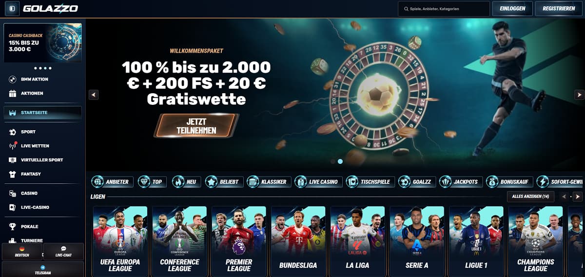 Golazzo Startseite mit Banner, das ein Willkommenspaket von 100 % bis zu 2.000 € plus 200 Freispiele und 20 € Gratiswette bewirbt. Seitenleiste umfasst Sport, Live-Wetten, Casino und Turniere. Hintergrund zeigt Roulette-Rad mit Fußballmotiv, dazu Panels mit internationalen Fußball-Ligen wie Bundesliga, Premier League und Champions League.
