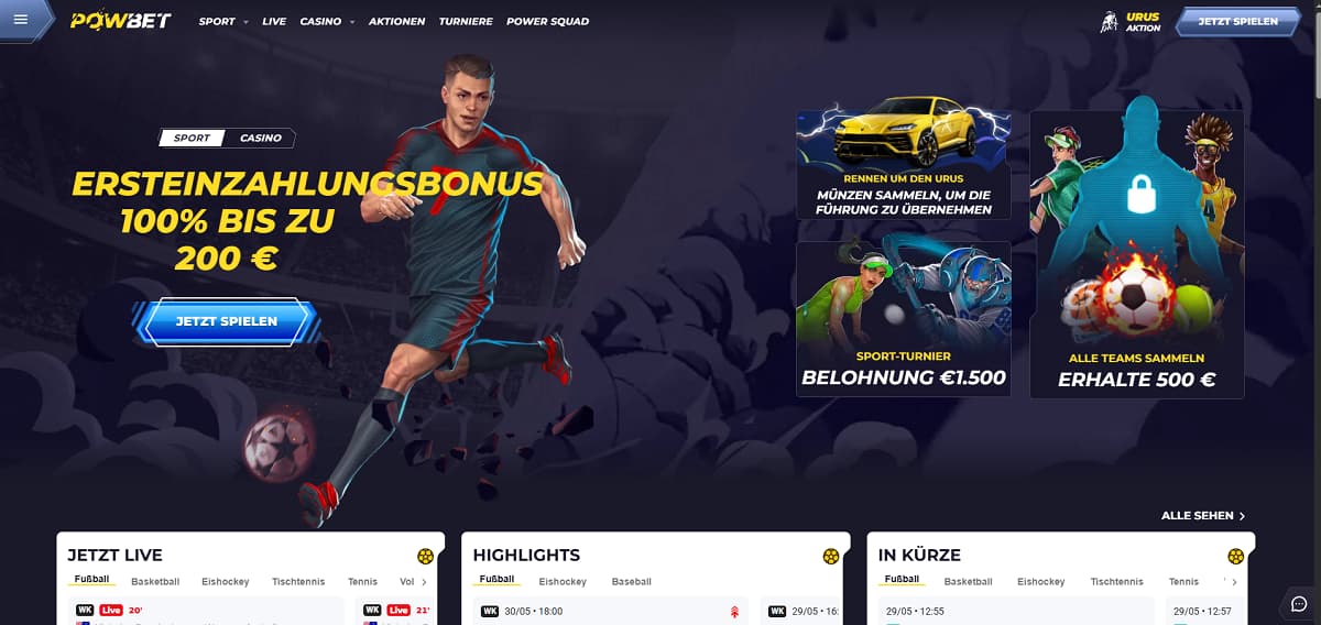 Screenshot der Powbet Casino-Startseite mit einem fußballbezogenen Banner für 100 % Ersteinzahlungsbonus bis zu 200 €. Schaltflächen für 'Jetzt spielen' sowie Bereiche für Live-Sportwetten, Highlights und bevorstehende Events sind sichtbar. Aktionen umfassen ein Sportturnier mit 1.500 € und eine Team-Sammelherausforderung mit 500 €.
