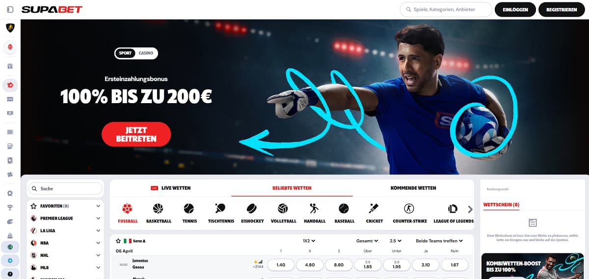 Screenshot der SupaBet Casino-Startseite mit vorgestellten Spielautomaten wie Joker Cashpot, Cash of Egypt und Book of Ra Deluxe 6.