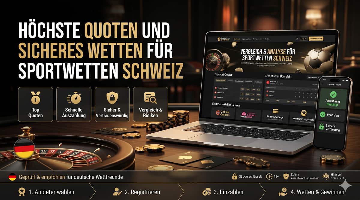Ein Premium-Casino-und-Sportwetten-Hero-Banner mit deutscher Flagge, roulette, Chips und Geräten, die eine Wett-Website und eine Auszahlungsbestätigung für Sportwetten Schweiz anzeigen.